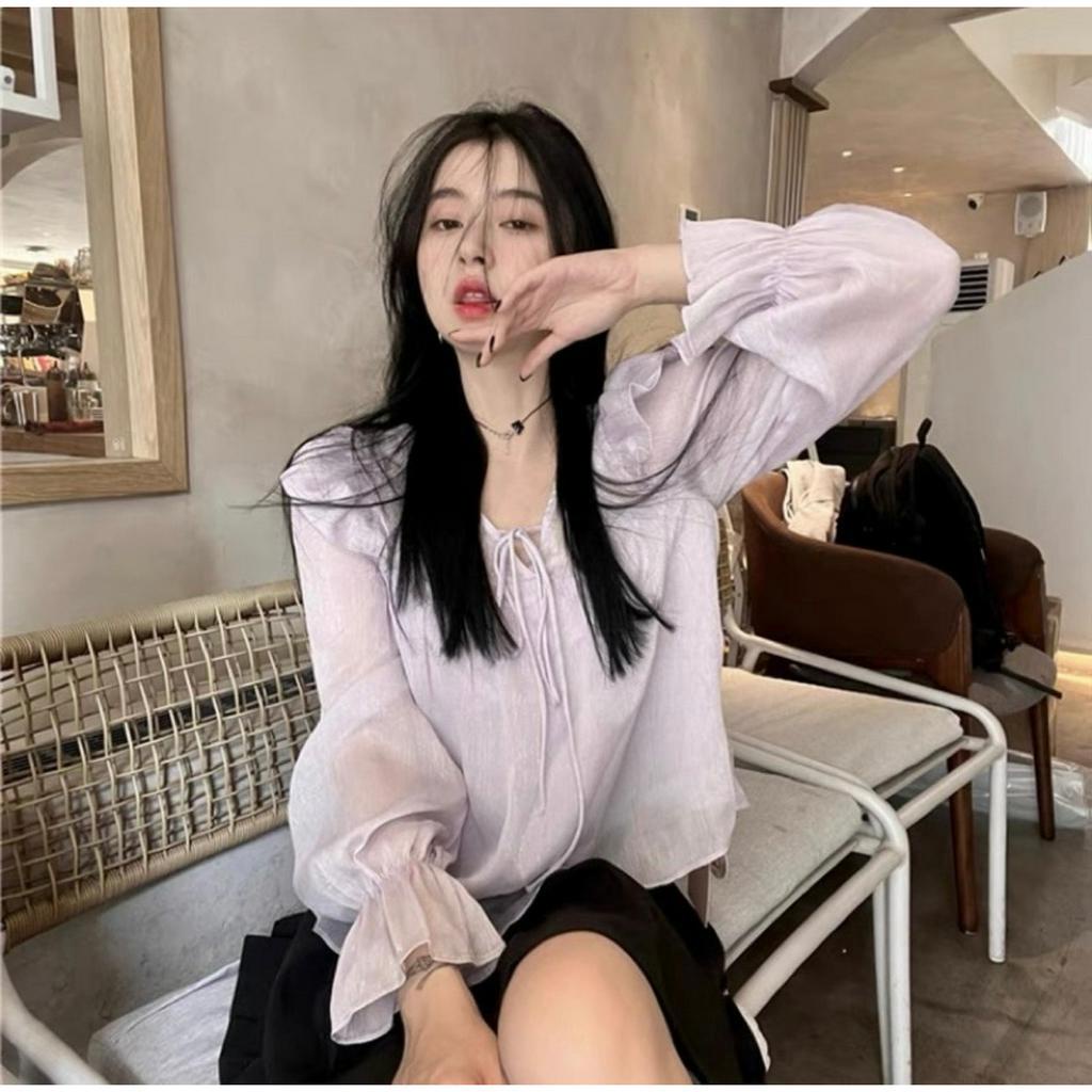 Áo Kiểu Tiểu thư cổ V thắt dây nơ nhún bèo vai phong cách VINTAGE tay dài