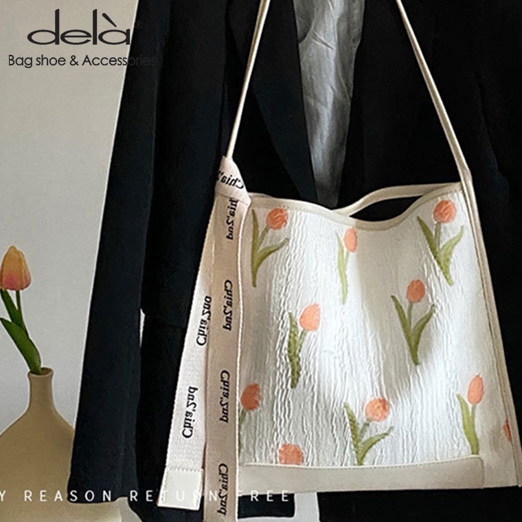 Dela Túi Xách Đeo Vai Vải Bạt In Hoa Tulip Đào Trẻ Trung Thời Trang Mới Mẻ Cho Nữ