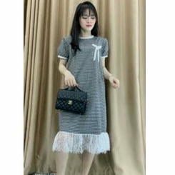 Váy bầu công sở mùa hè sọc kẻ phối chân ren đẹp sang chảnh