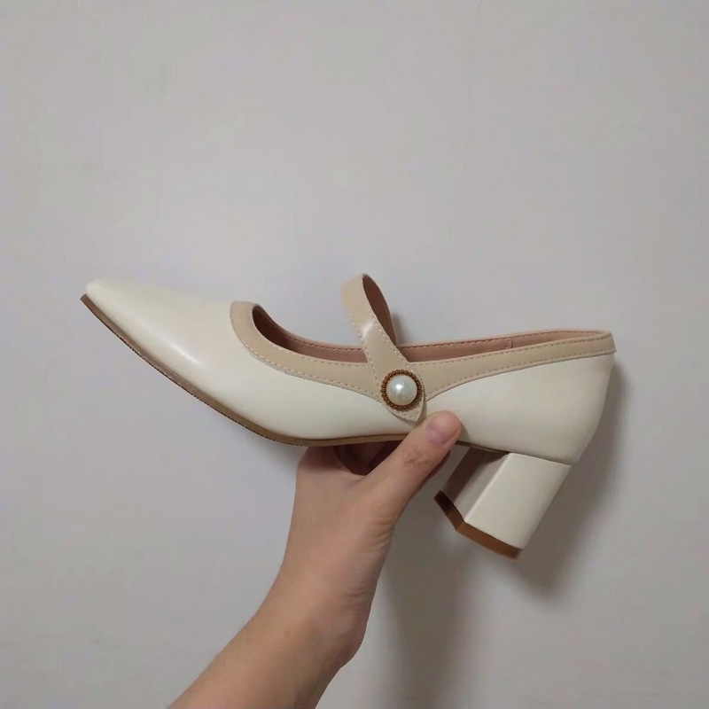 Giày Mary Jane Loafer cao gót công sở quai ngang, giày mũi vuông đính ngọc