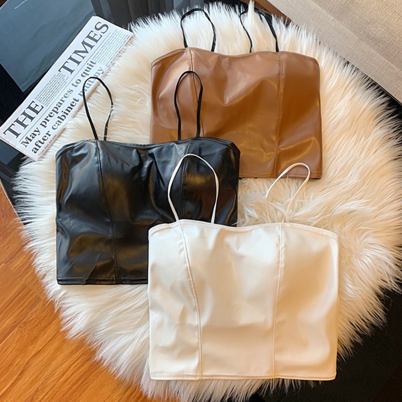 Brroa Áo Croptop Giả Da Hai Dây Cổ Thấp Có Đệm Ngực Gợi Cảm