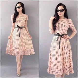 Đầm xòe chấm bi cột eo màu trắng bi đen