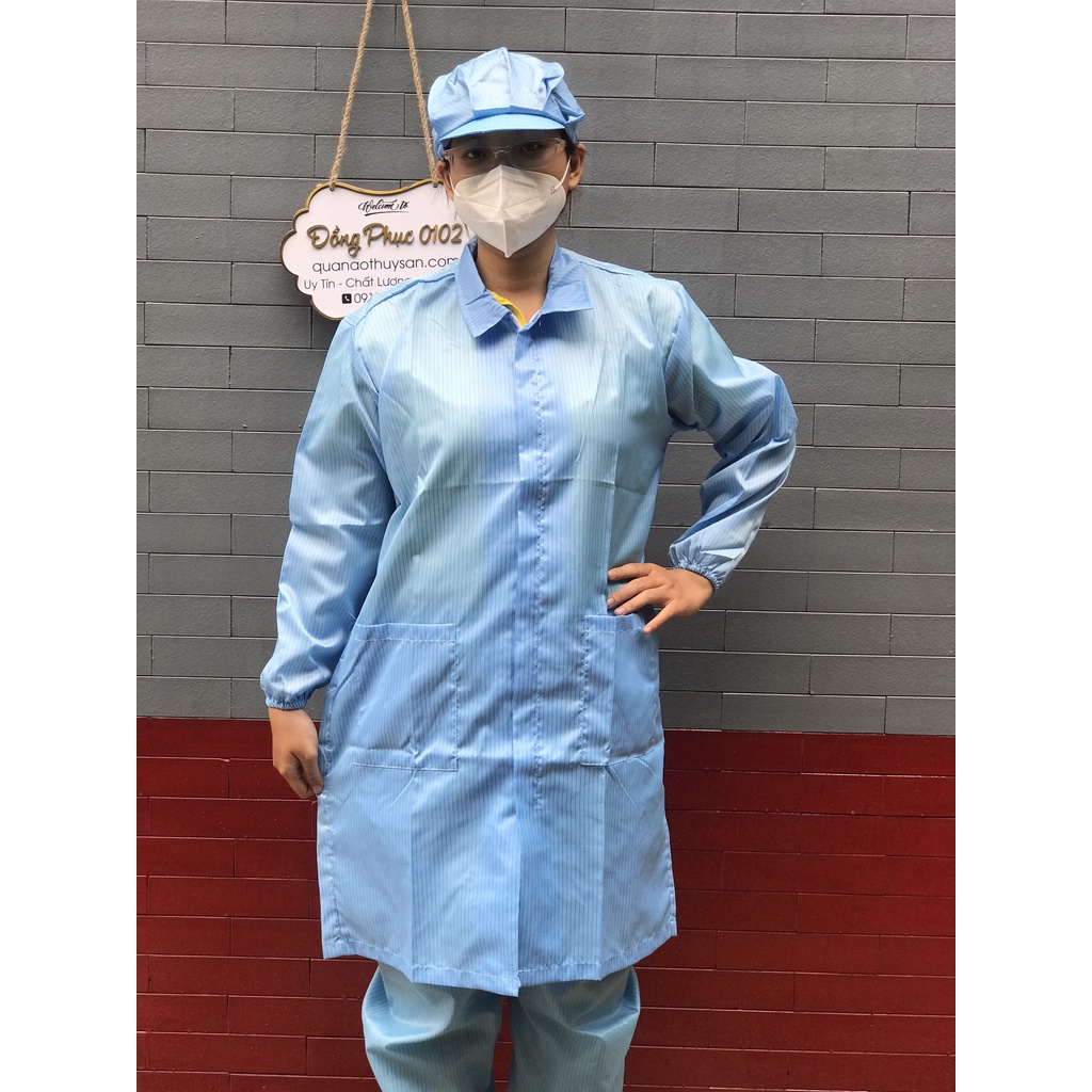 Áo Blouse túi vuông vải chống tĩnh điện màu xanh,giặt nhiều lần