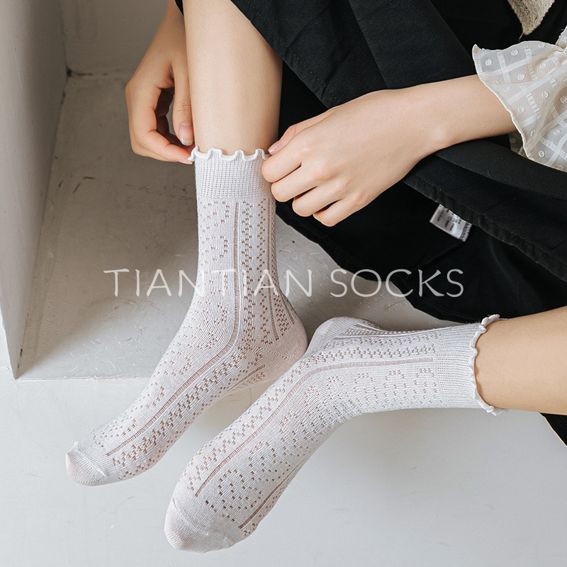 TIANTIAN T228 Tất nữ cao cổ mỏng Vớ Lưới Rỗng Bằng Cotton Thoáng Khí Màu Trơn Dễ Thương Thời Trang Mùa Hè Cho Nữ