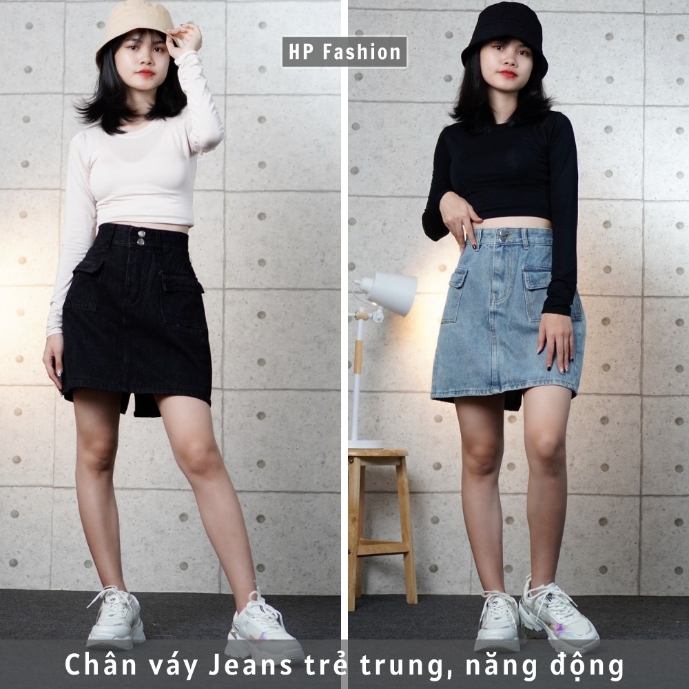 Chân váy jean chữ A phối 2 túi hộp vuông, chân váy bò nữ cạp lưng cao dáng ngắn trẻ trung - QJ21 | BigBuy360 - bigbuy360.vn
