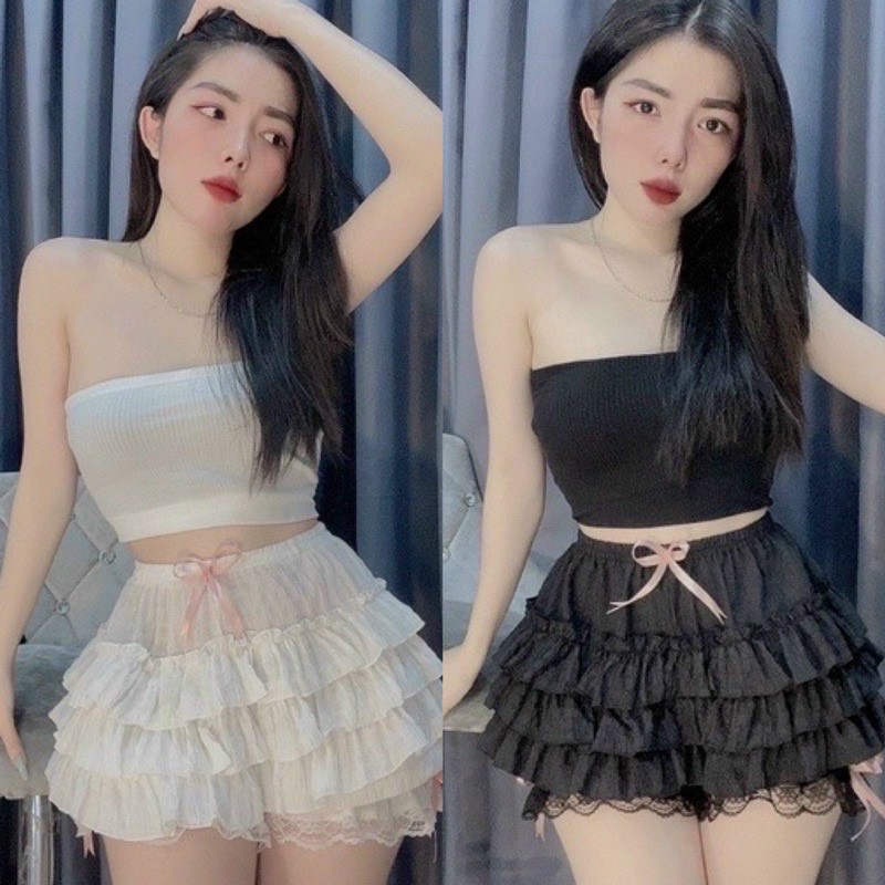 Set thun nữ 2 món chân váy ngắn ren kiểu tầng phối ao thun ống dáng croptop