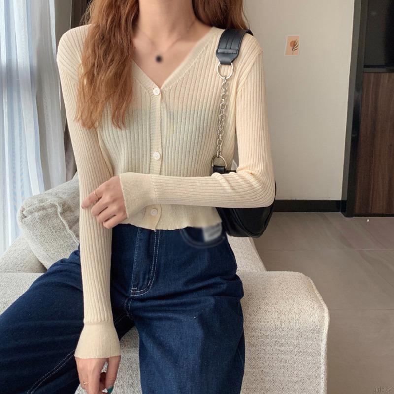 Áo Khoác Cardigan Dệt Kim Tay Dài Dáng Ôm Màu Trơn Đơn Giản Thời Trang Hàn Quốc Cho Nữ