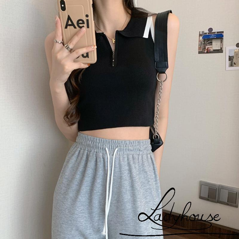 Áo Croptop Sát Nách Cổ Bẻ Cài Khóa Kéo Thời Trang Mùa Hè Cho Nữ