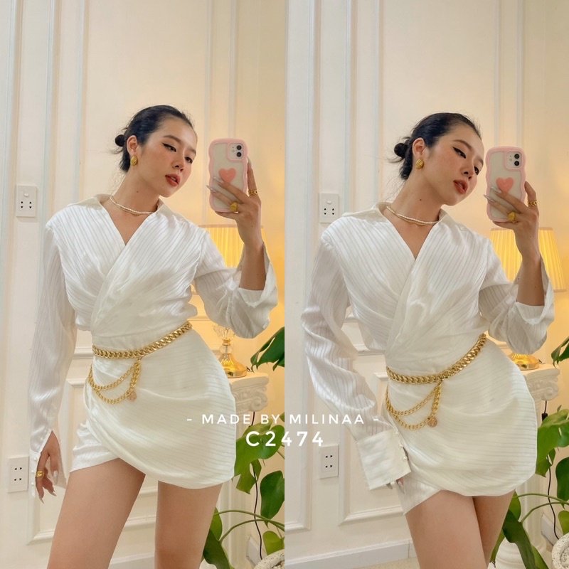 ĐẦM SƠ MI VẠT CHÉO NÚT HẠT CHÂU SANG TRỌNG C2474 ( BEYAZ SET )