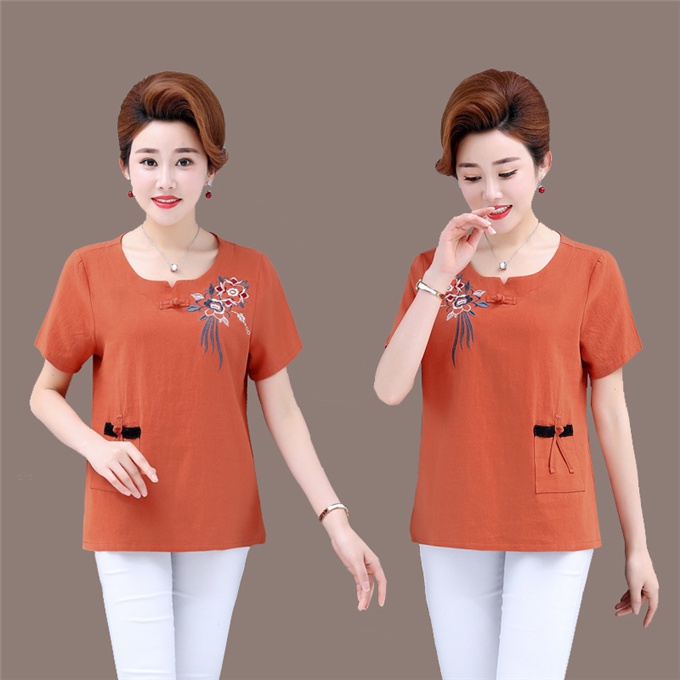 Áo Thun Cotton Ngắn Tay Thêu Họa Tiết Thổ Cẩm Thời Trang Mùa Hè Cho Nữ Trung Niên 40-50 Tuổi
