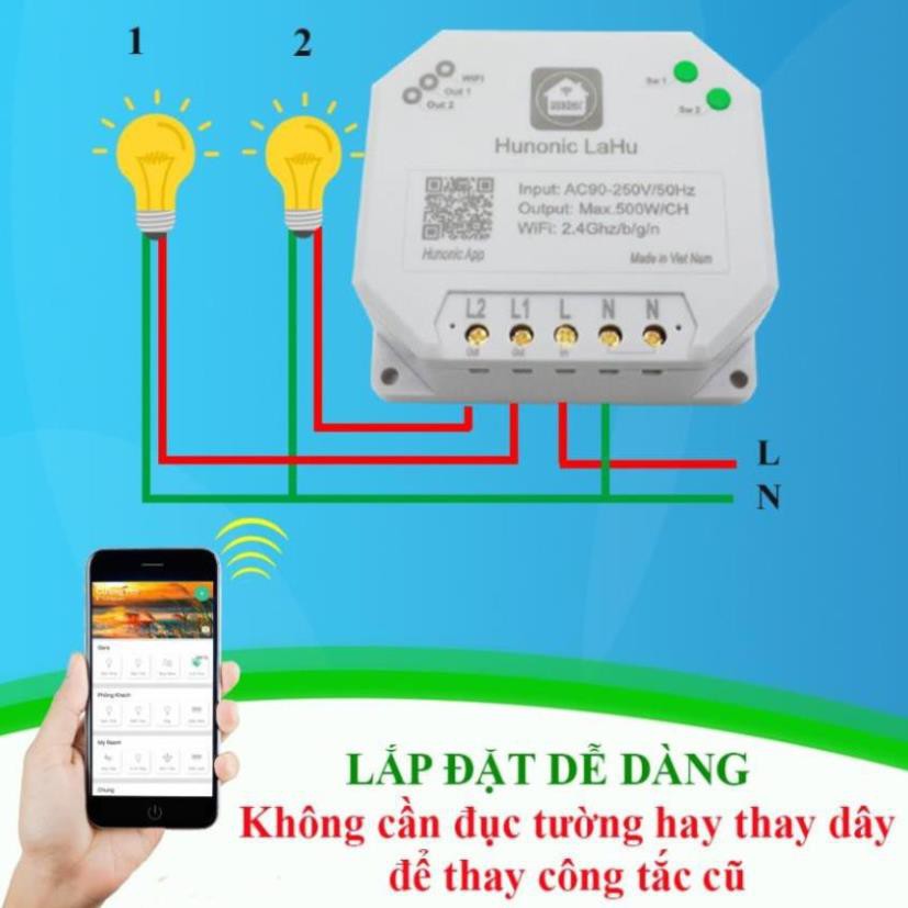 [BH 12 THÁNG] Công Tắc Điện Thông Minh Hunonic Lahu 2 Kênh│Công tắc wifi điều khiển từ xa qua điện thoại