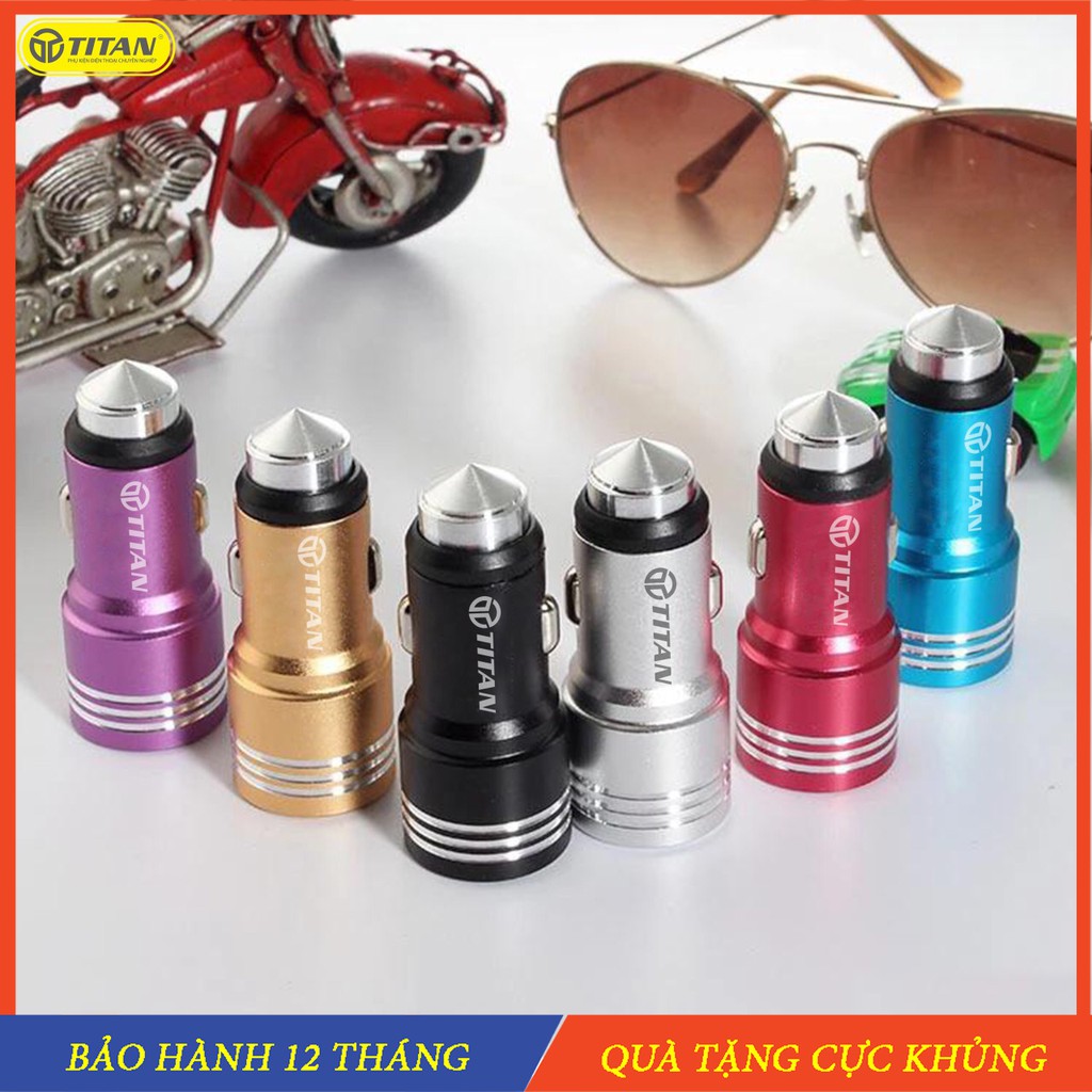 Sạc oto nhanh 2 cổng USB, Sạc Xe Hơi 2 Cổng TITAN, sạc nhanh siêu bền có thể thay thế búa phá kính