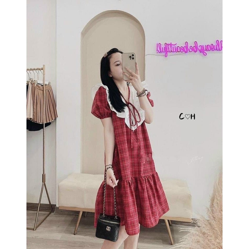 Đầm Bầu Thiết Kế Váy Bầu đẹp kẻ đỏ phối trắng Full size S/M/L