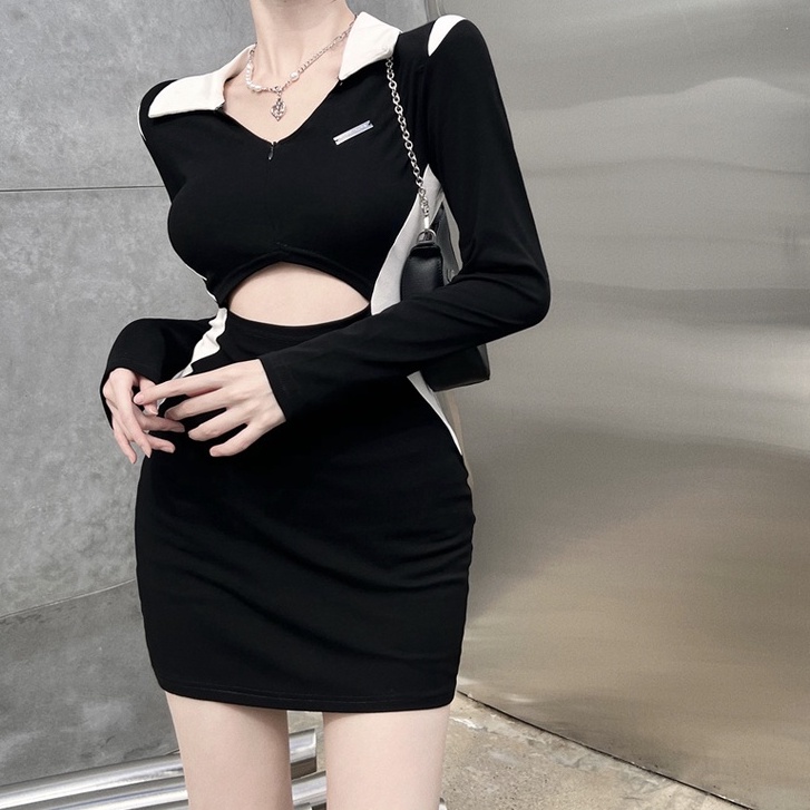 Đầm Ôm Eo Tay Dài Cổ Bẻ Phối Màu Tương Phản Quyến Rũ Phong Cách Hàn Quốc