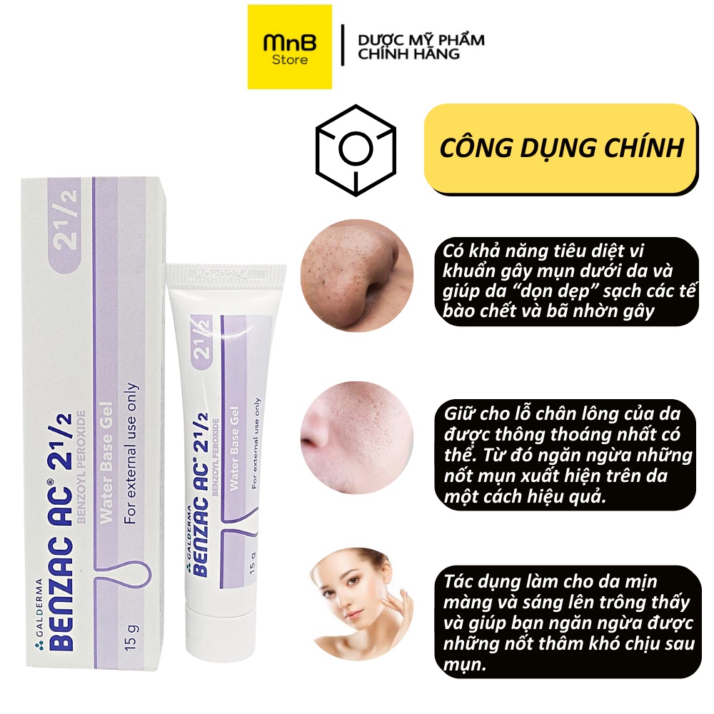 Gel chấm giảm mụn Benzac 2.5% và 5% Benzoyl Peroxide thái lan 15g