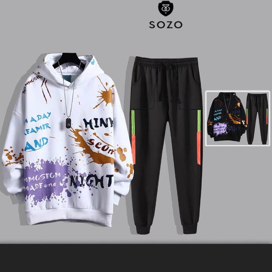 Set Bộ 2 Món Quần Dài + Áo Hoodie Nón Nam Nữ Unisex Chất Vải Nỉ CB2_WAH021NO_MQU075NODEF7 (Vảy Sơn + 2 Sọc Túi Vuông)