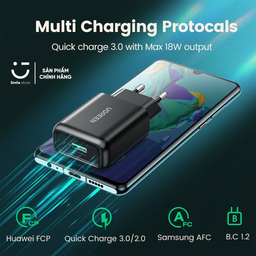 Củ Sạc Nhanh UGREEN QC 3.0 18W Chất Lượng Cao Hỗ Trợ QC 3.0 Dành Cho Samsung Xiaomi Oppo Realme Vsmart Và Máy Tính Bảng