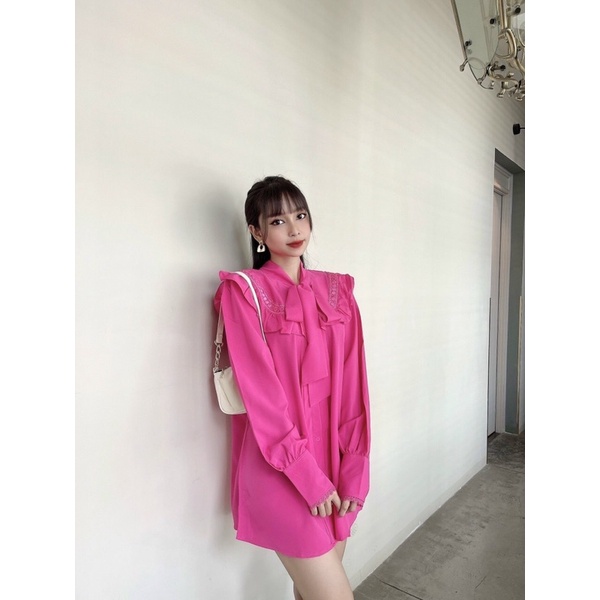 G7 - đầm sơ mi cổ nơ bèo, màu Hồng sen