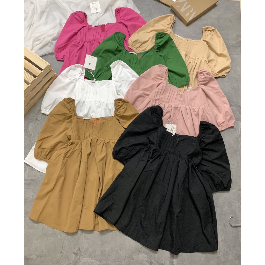 váy cổ vuông nhún ngực bo tay dáng ngắn