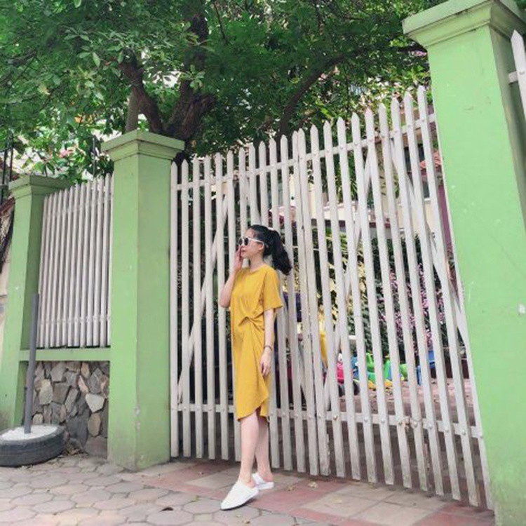 Đầm Thun Suông Xoắn Eo Phía Trước Váy Phông Dáng Dài Ngắn Tay Co Dãn Thoáng Mát