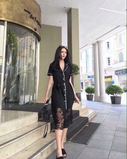 Váy lụa pijama cổ vest chân ren