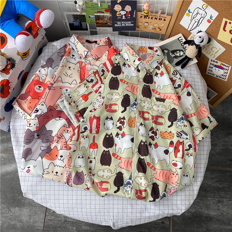 Men's Classic Slim Shirt For Summer 2021. Short Sleeve Cartoon Korean Style Couple Shirt Size M-3XL