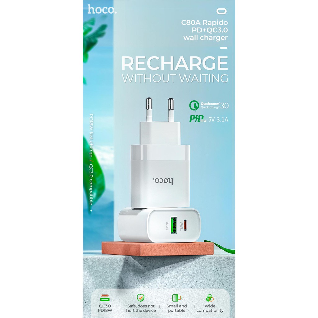 ⚡NowShip Mới⚡ Cốc Sạc Nhanh 2W Hoco C80A C80 2 cổng USB + Type C 3.1A PD 18W Q.C 3.0 cho điện thoại IPhone IPad Android