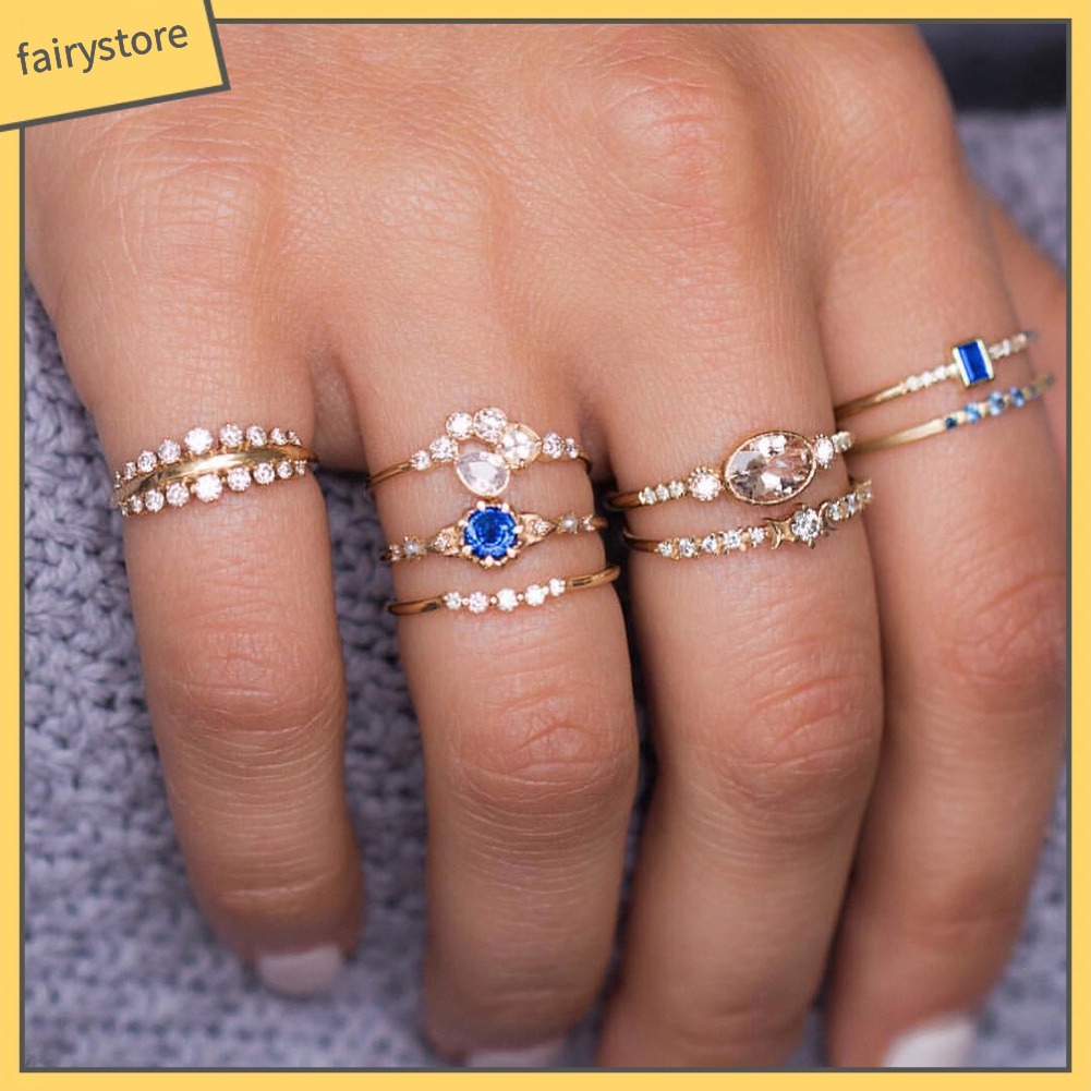 Set 8 Nhẫn Đính Đá Phong Cách Cổ Điển Thanh Lịch Dành Cho Nữ