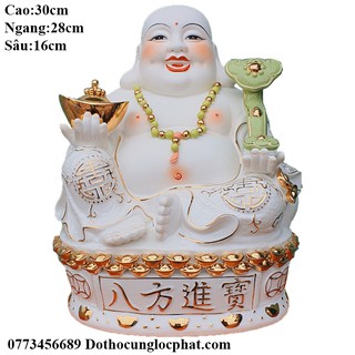 Tượng Phật Di Lặc Sứ Cao 35cm cầm gậy như ý ( Tôn Phật Di Lặc )