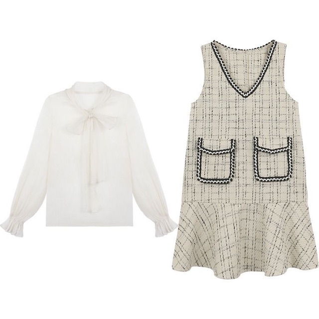 SẴN  Set váy dạ + áo voan chiffon tiểu thư