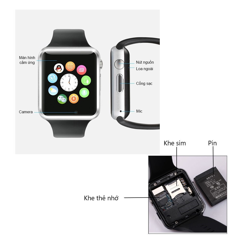 Đồng hồ thông minh Smart watch A1 thiết kế hiện đại, đeo tay màn hình cảm ứng kết nối điện thoại bluetooth