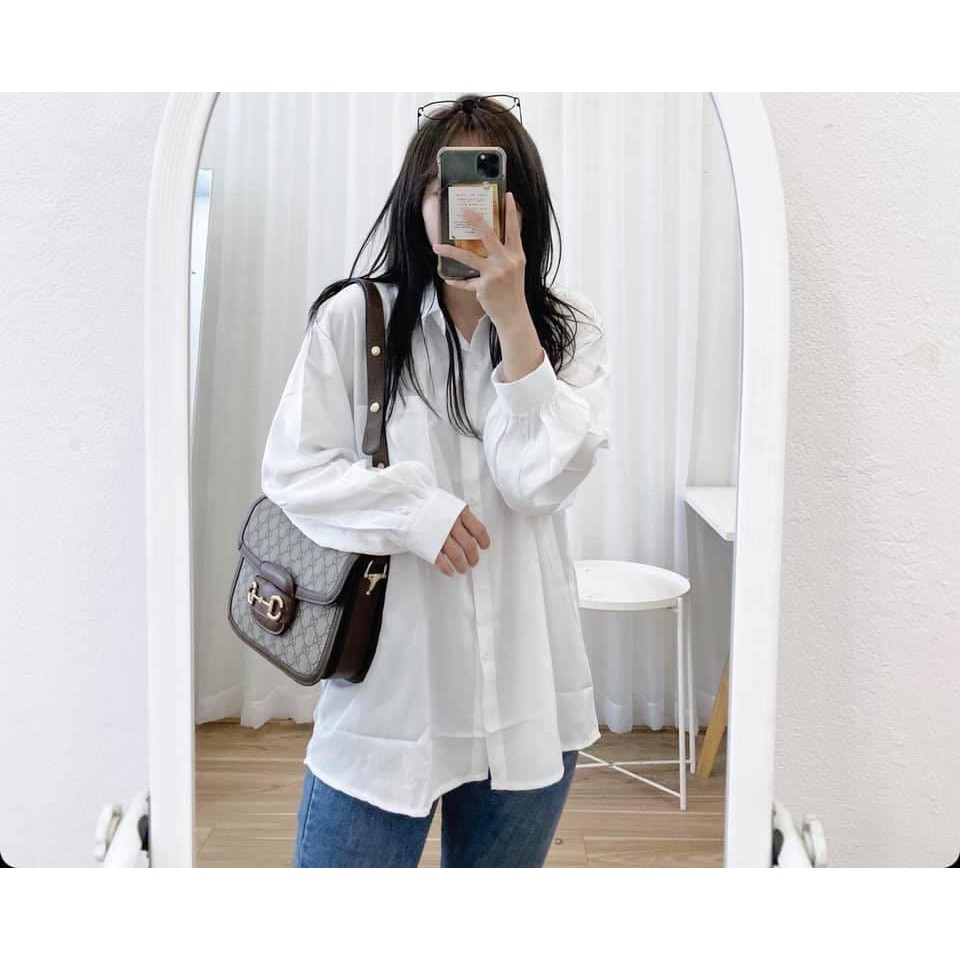 [Có sẵn] ÁO SƠ MI TRẮNG LỤA HÀN ULZZANG BASIC DÁNG RỘNG TAY BỒNG TRƠN