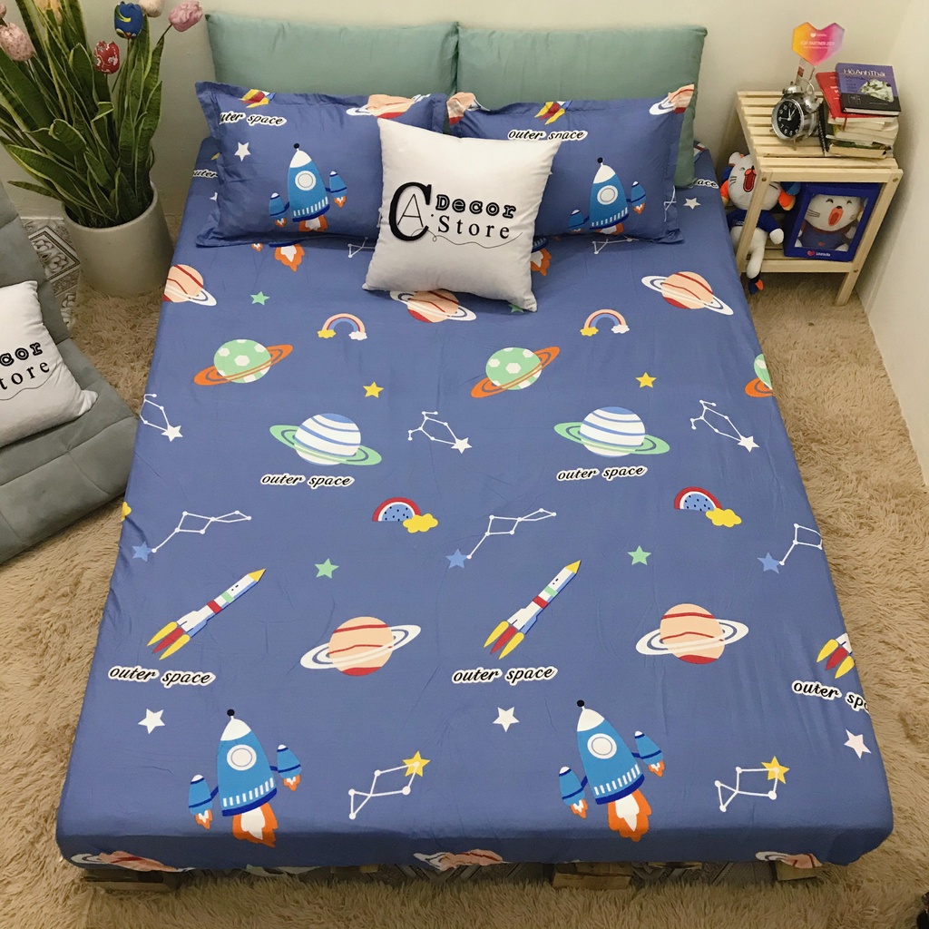 Bộ ga giường 1m6 1m8 x 2m mẫu Vũ trụ xanh⚡️1 drap + 2 áo gối - CAISHOPQUEN🎁TẶNG QUÀ🎁