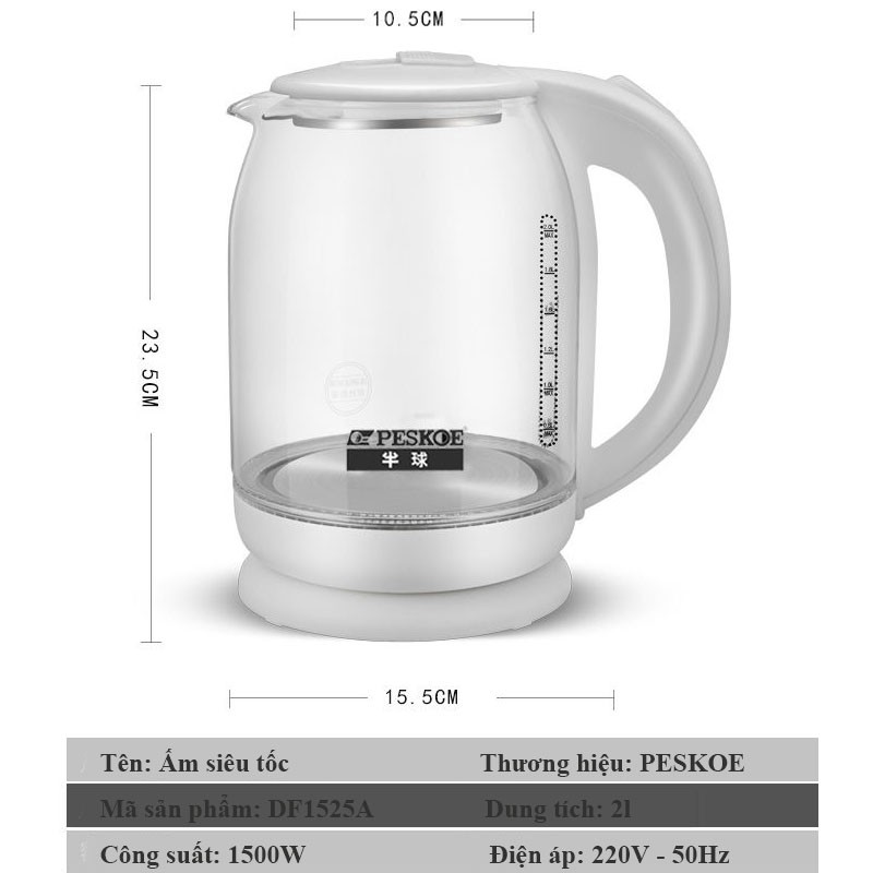 Ấm Siêu Tốc Thủy Tinh Ấm Đun nước Siêu Tốc PESKOE Dung Tích 2lít Đun Sôi Nhanh Chống Cháy Nổ Công Suất 1500W VT268