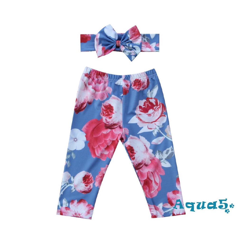 Quần legging họa tiết hoa kèm băng đô nơ xinh xắn dành cho bé gái
