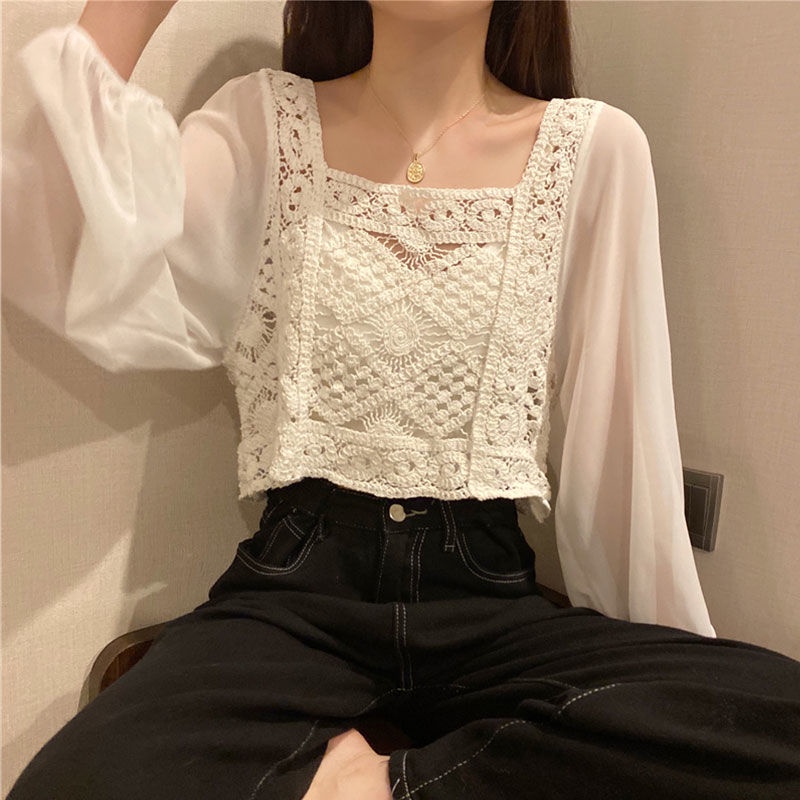 Áo Sơ Mi Chiffon Mỏng Tay Dài Cổ Vuông Phong Cách Pháp Thanh Lịch Thời Trang Mùa Hè 2022 Mới Dành Cho Bạn Nữ
