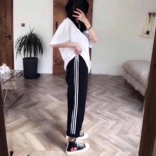 QUẦN NỈ THỂ THAO 3 SỌC + ÁO KẺ SỌC NGANG ĐEN + TÚI KHỦNG LONG + QUẦN CULLOTES SỌC