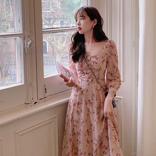 Váy hoa hồng cổ vuông tay lỡ dáng dài xoè vintage tiểu thư [Ảnh thật 4-9]