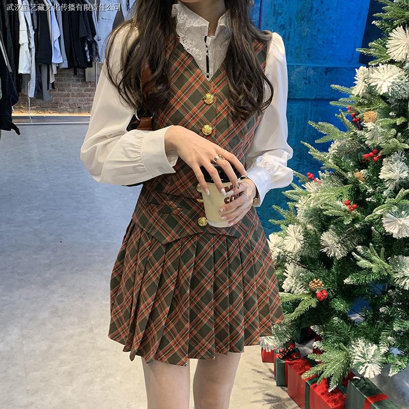 Set áo sơ mi cổ chữ v dài tay + áo vest + chân váy thời trang xuân thu phong cách retro cho nữ 2021