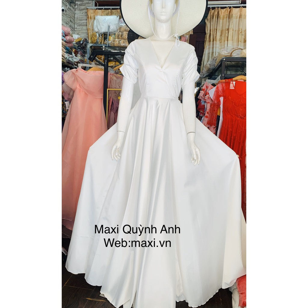 Đầm maxi trắng tay dài xẻ tà, dạ hội, cô dâu sang trọng