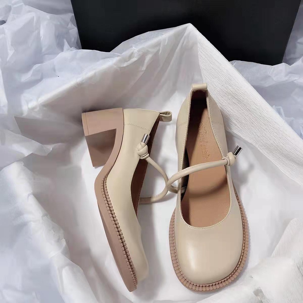 Giày Cao Gót Mũi Tròn Chất Liệu Da Mềm Phong Cách Retro Nhật Bản