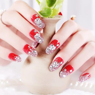 Bộ 24 Móng tay giả Đỏ Đính Đá Hạt (kèm dũa+keo dán sẵn)