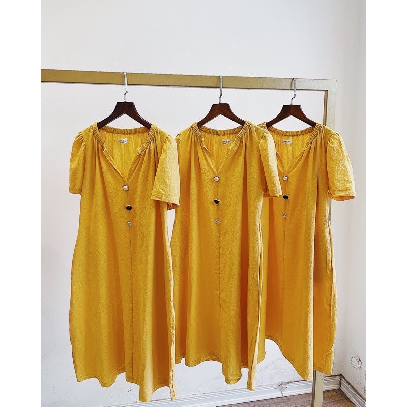 Váy bầu thời trang thiết kế màu vàng cổ V chất thô đũi mát mùa hè freesize 40-67kg