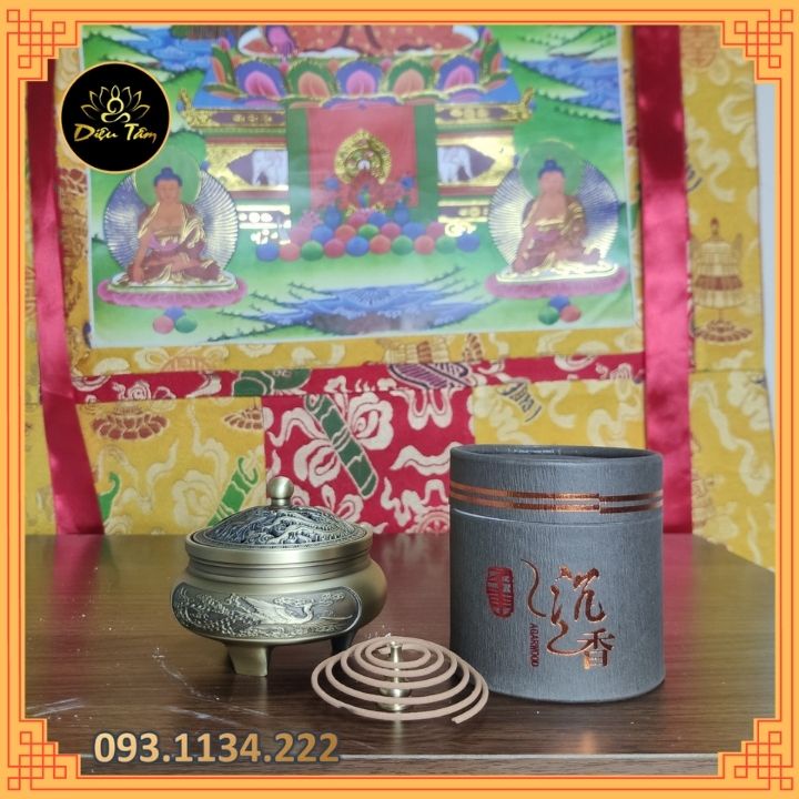 Lư xông trầm bằng đồng nguyên chất khắc hình rồng phượng ưu đãi combo nhang vòng/ trầm nụ
