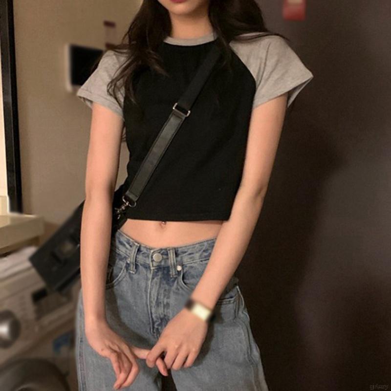 Áo thun dáng lửng ngắn tay phối màu sắc thời trang mùa hè Hàn Quốc năng động cho nữ