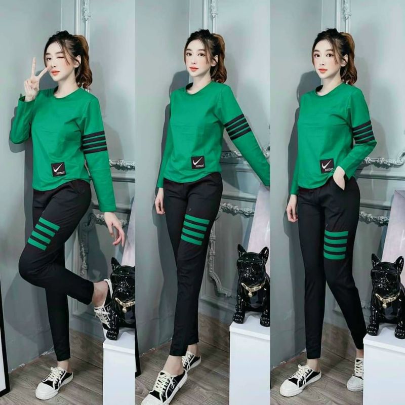 HR Bộ cotton nữ dài tay phối sọc siêu xinh