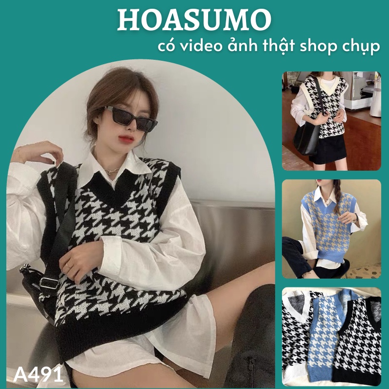 Áo gile len kẻ caro nữ HOASUMO họa tiết ziczac phong cách hàn quốc hàng đẹp Quảng Châu