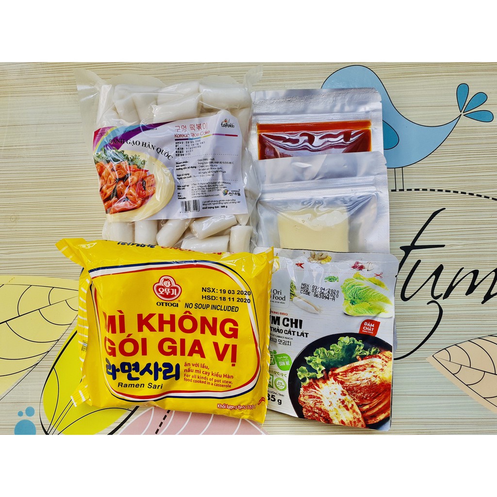 combo 500g bánh gạo dạng ống+100g sốt+100g phô mai kéo sợi+1 gói mì ottogi 110g+ 1 gói kim chi