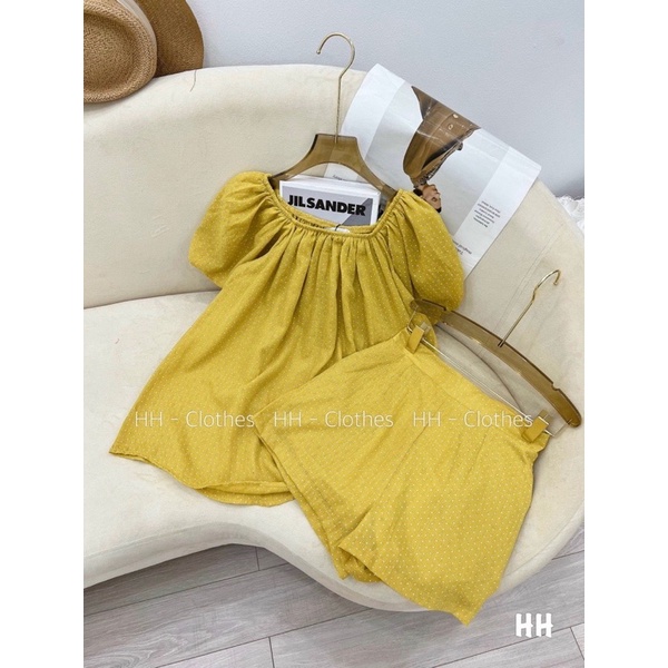 set bộ đùi chấm bi đũi vàng áo mặc 2 kiểu