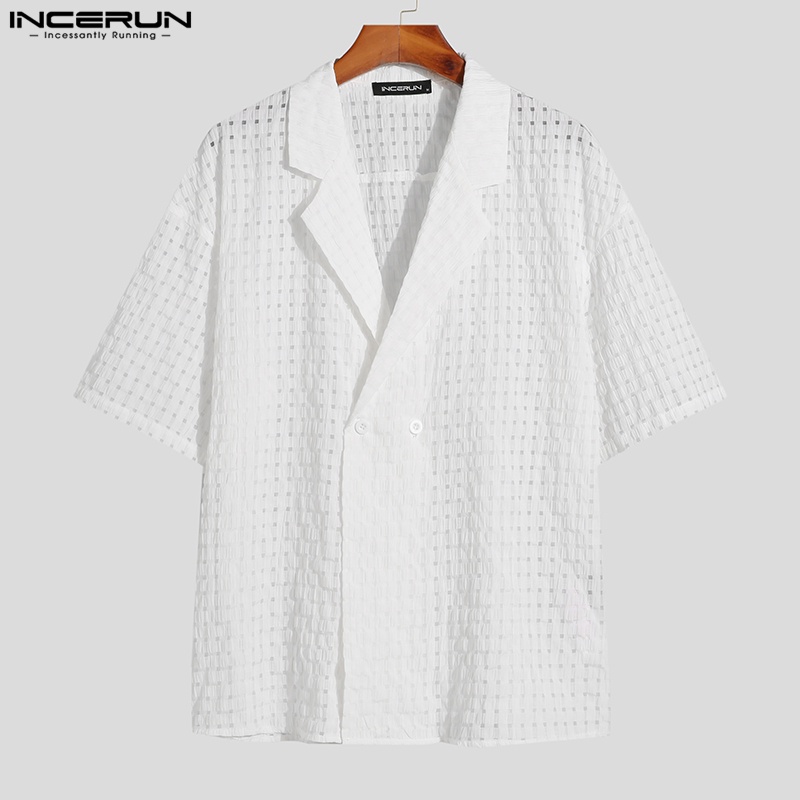 Áo sơ mi INCERUN ngắn tay dáng rộng họa tiết sọc caro phong cách Hàn Quốc cho nam